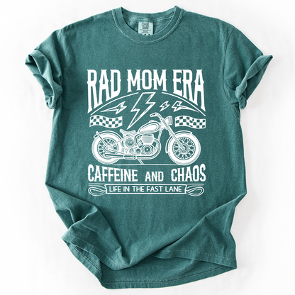 Rad Mom Era, Caffeine and Chaos, Sassy, Mama, Mother, Comfort Colors T-Shirt – Blue Spruce Green T-Shirt