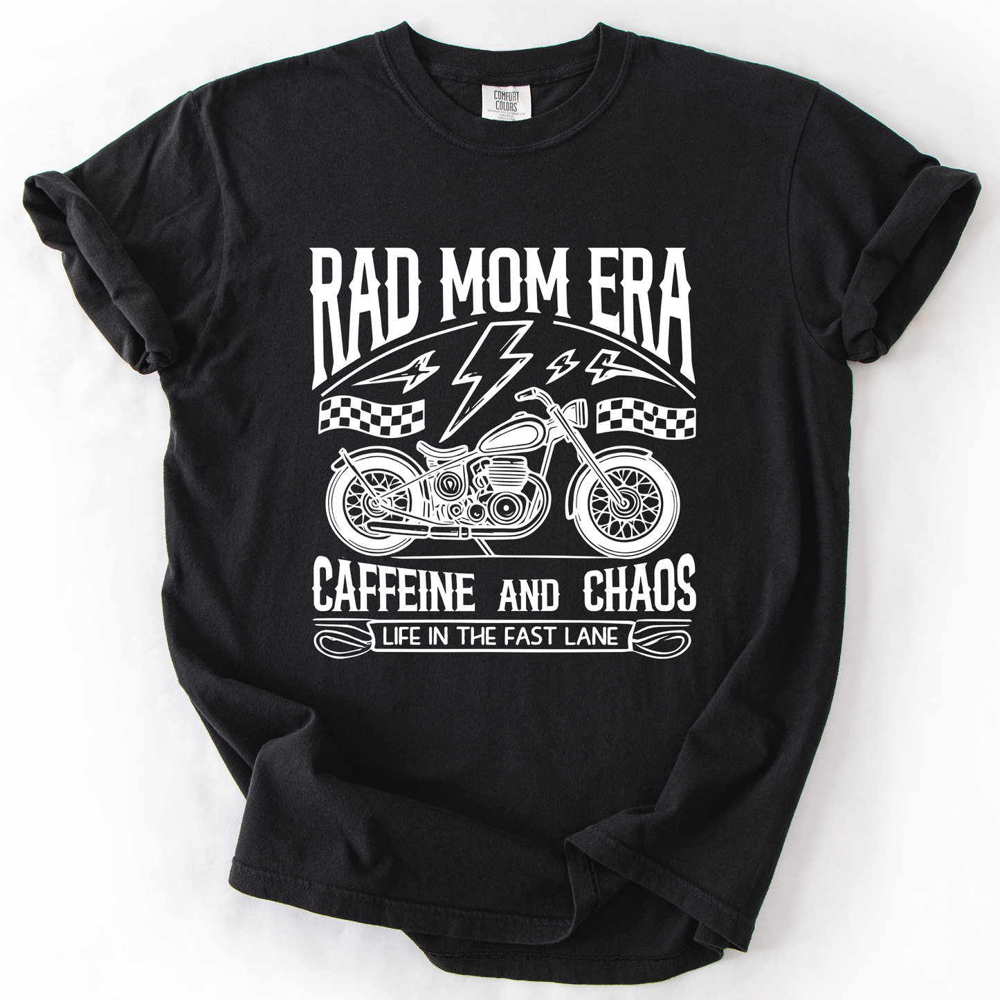 Rad Mom Era, Caffeine and Chaos, Sassy, Mama, Mother, Comfort Colors T-Shirt – Black T-Shirt