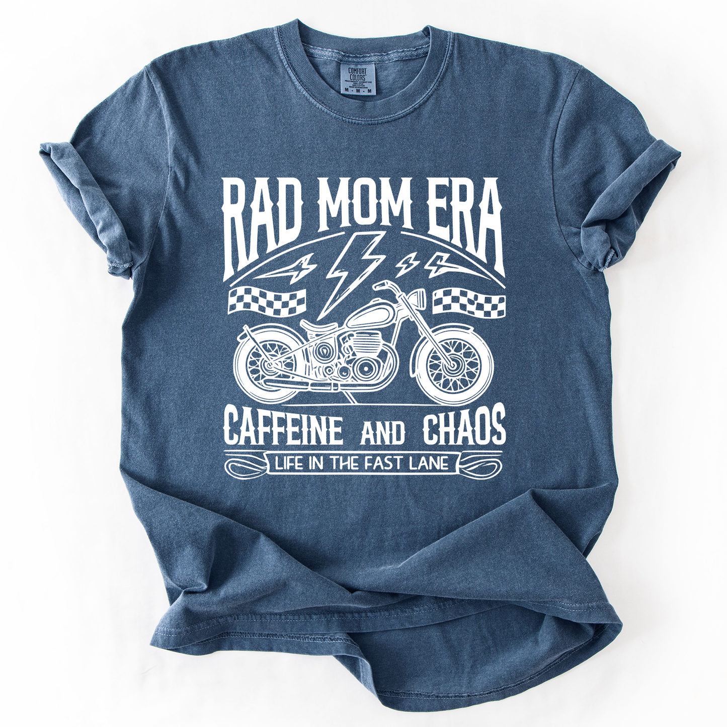 Rad Mom Era, Caffeine and Chaos, Sassy, Mama, Mother, Comfort Colors T-Shirt – Denim Dark Blue T-Shirt