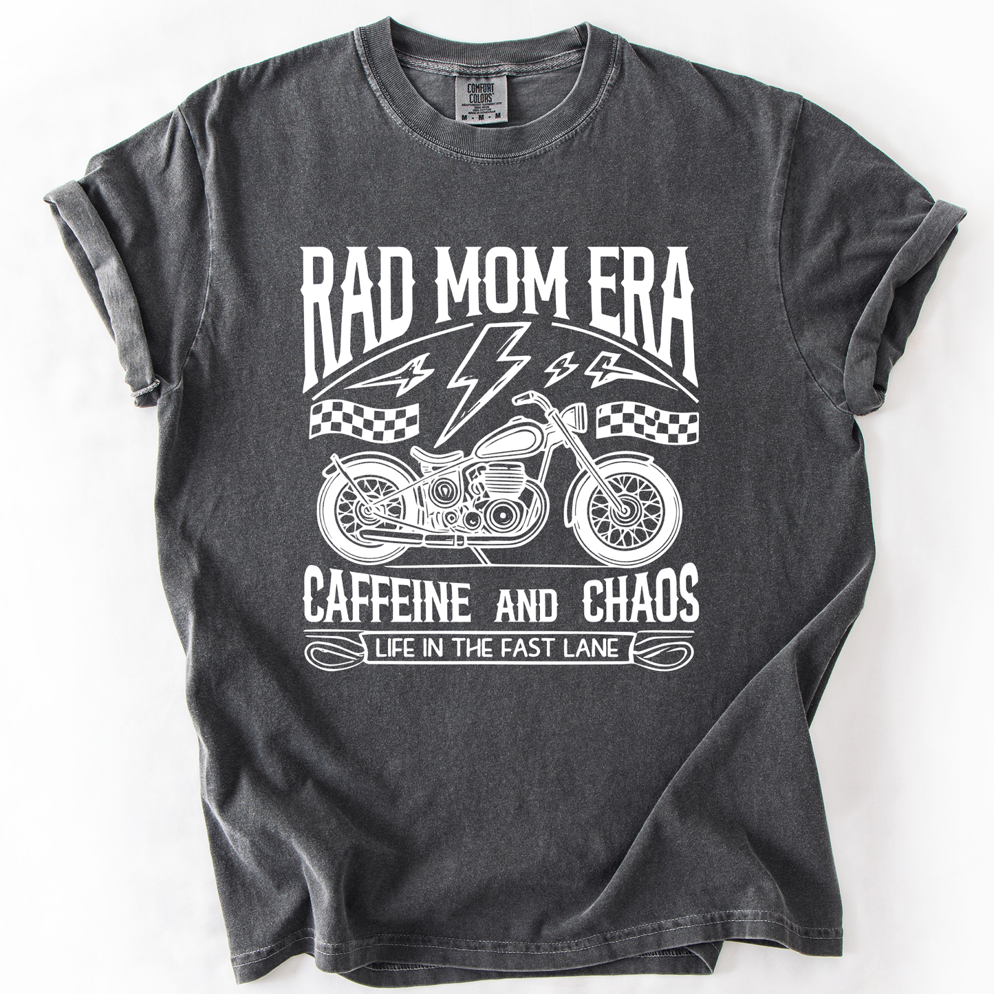 Rad Mom Era, Caffeine and Chaos, Sassy, Mama, Mother, Comfort Colors T-Shirt – Pepper Dark Gray T-Shirt
