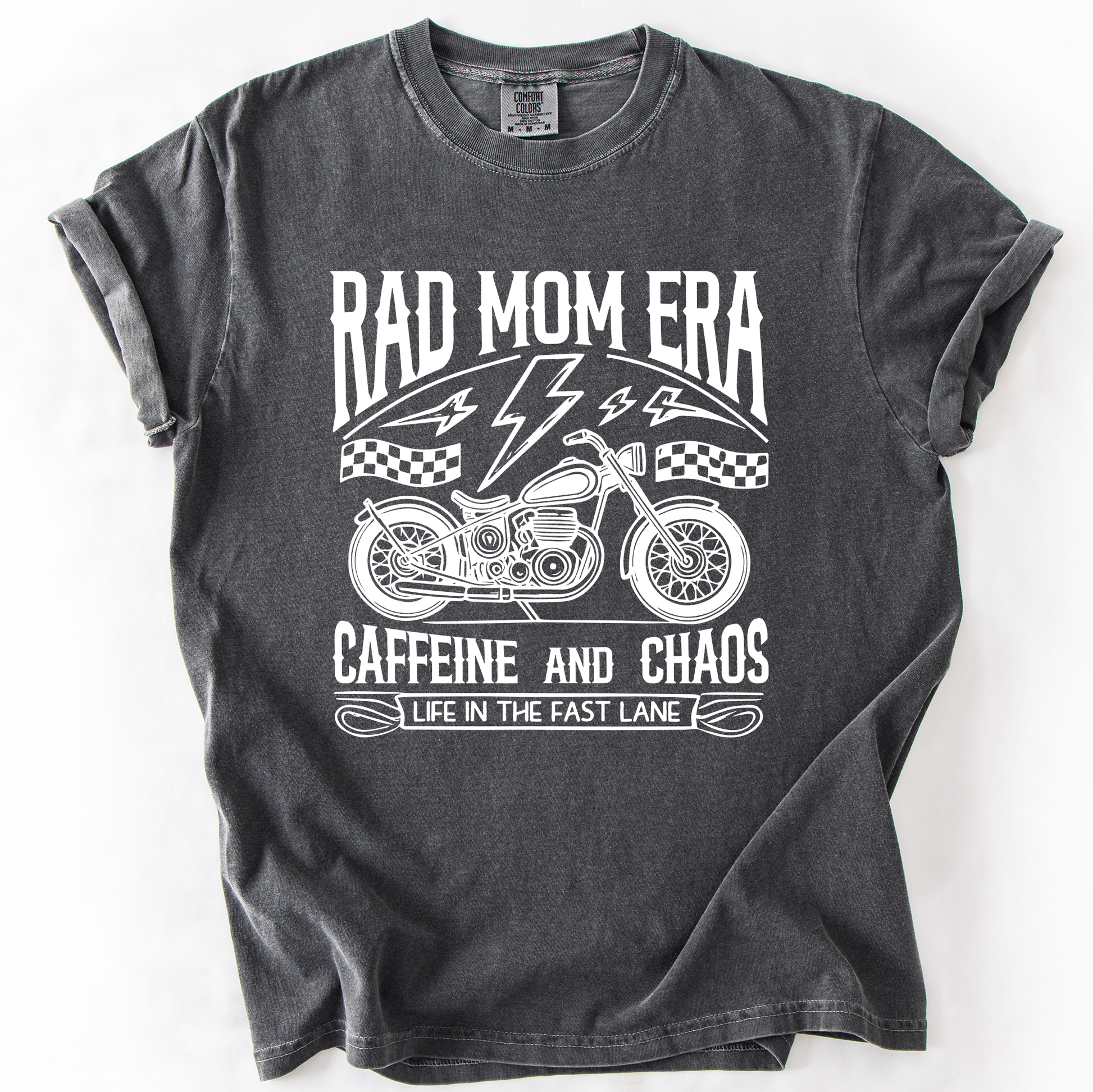 Rad Mom Era, Caffeine and Chaos, Sassy, Mama, Mother, Comfort Colors T-Shirt – Pepper Dark Gray T-Shirt