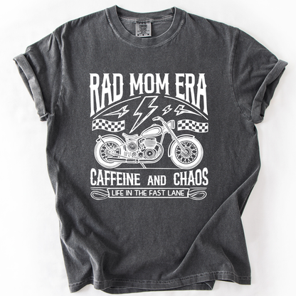 Rad Mom Era, Caffeine and Chaos, Sassy, Mama, Mother, Comfort Colors T-Shirt – Pepper Dark Gray T-Shirt