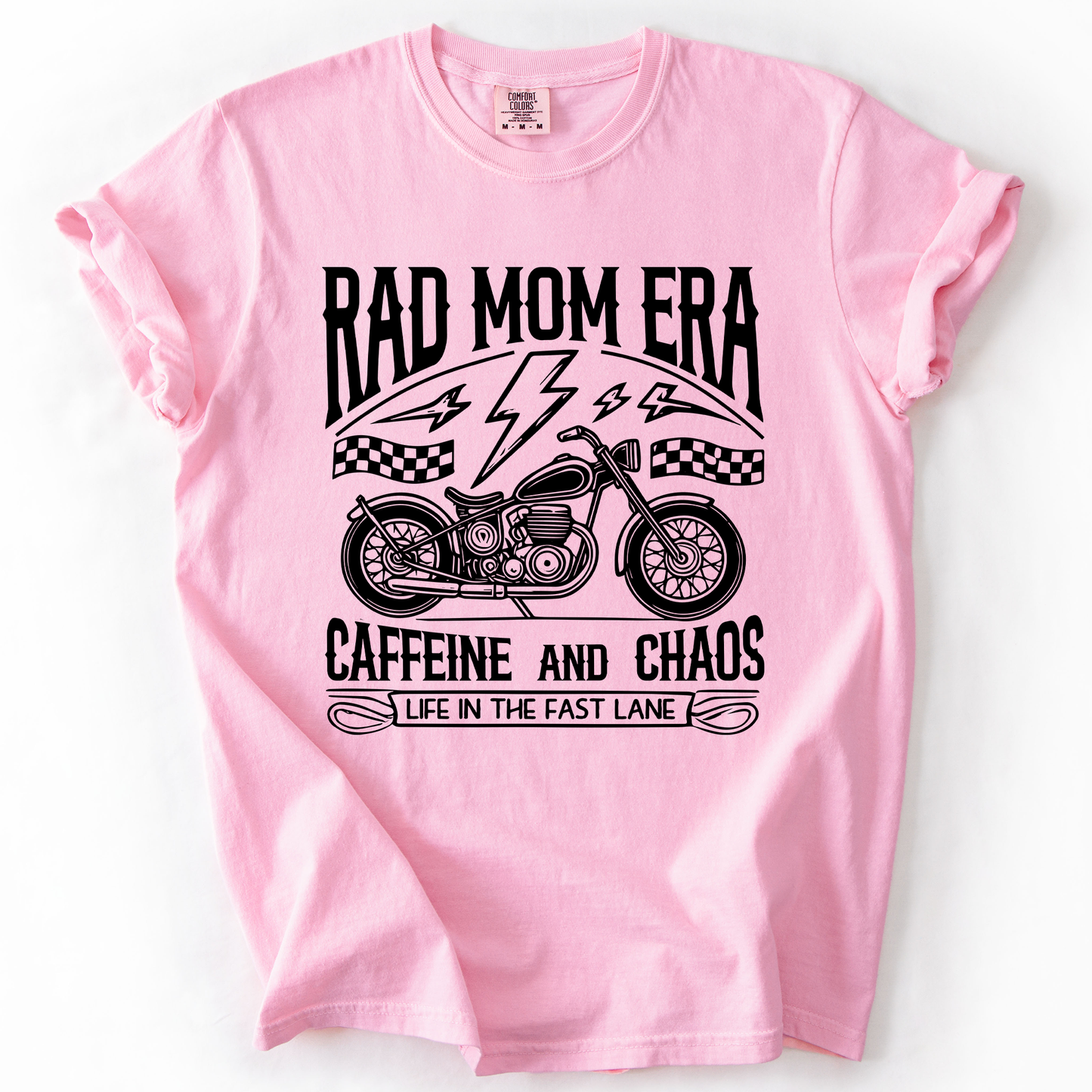 Rad Mom Era, Caffeine and Chaos, Sassy, Mama, Mother, Comfort Colors T-Shirt – Blossom Light Pink T-Shirt