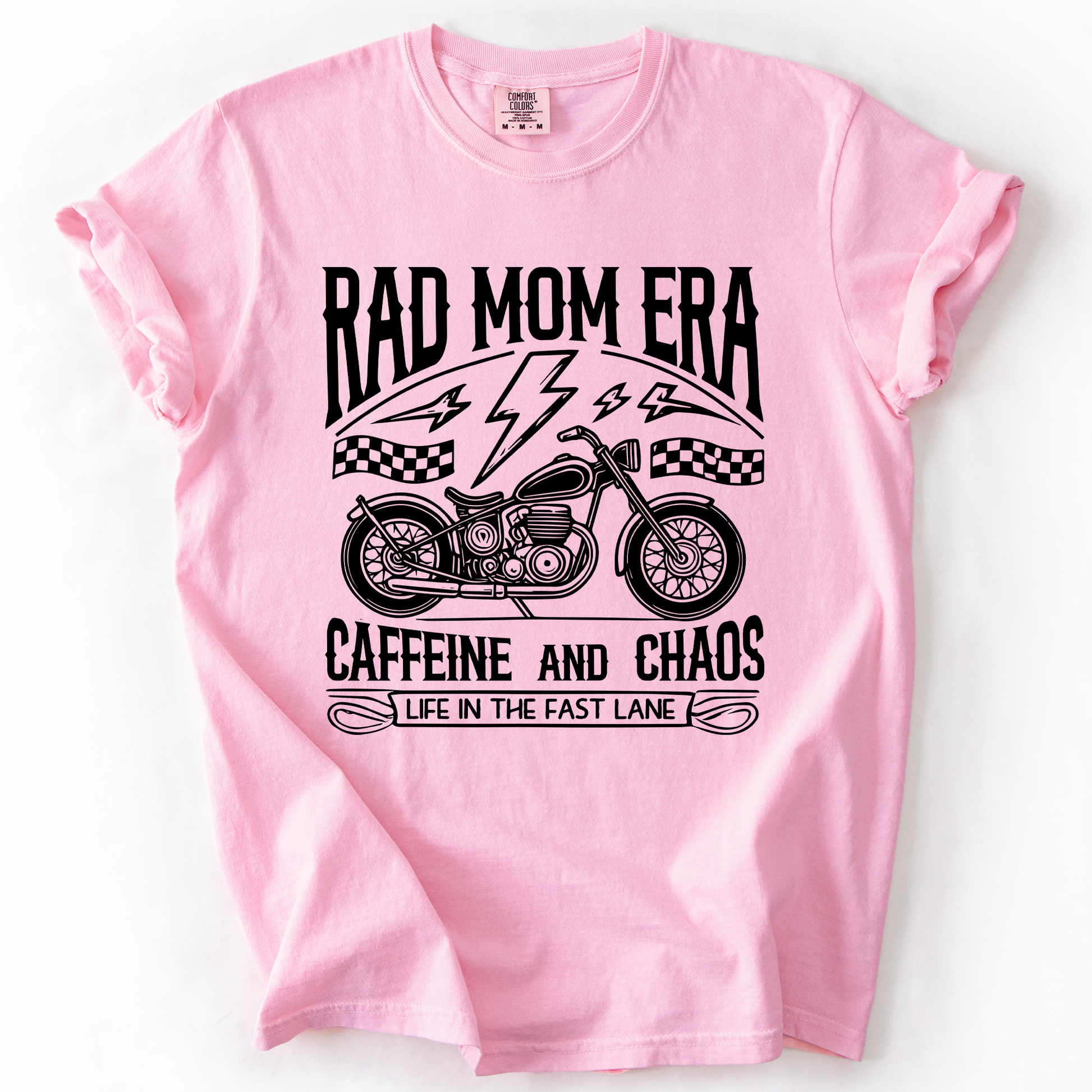 Rad Mom Era, Caffeine and Chaos, Sassy, Mama, Mother, Comfort Colors T-Shirt – Blossom Light Pink T-Shirt