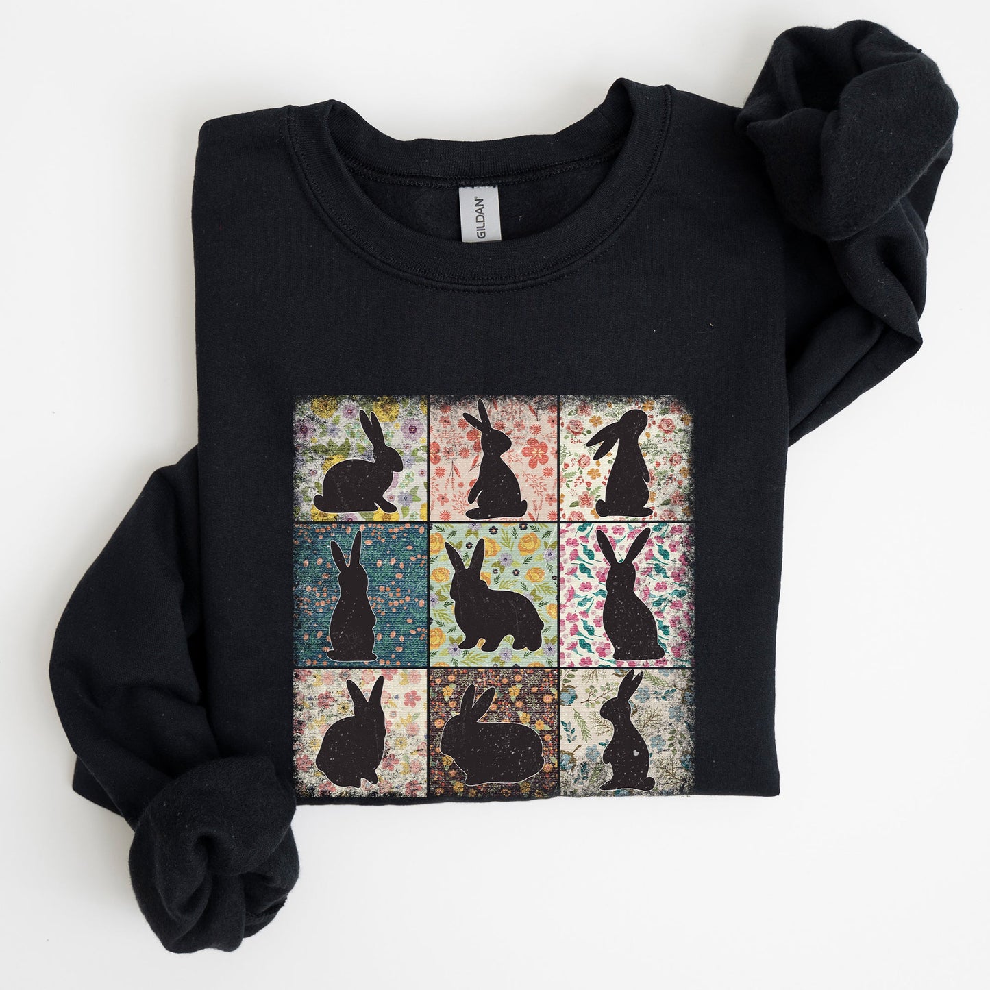 Easter Bunny Sweatshirt - Retro Floral Print Quilt Design | Spring Sweatshirt – Black Sweatshirt