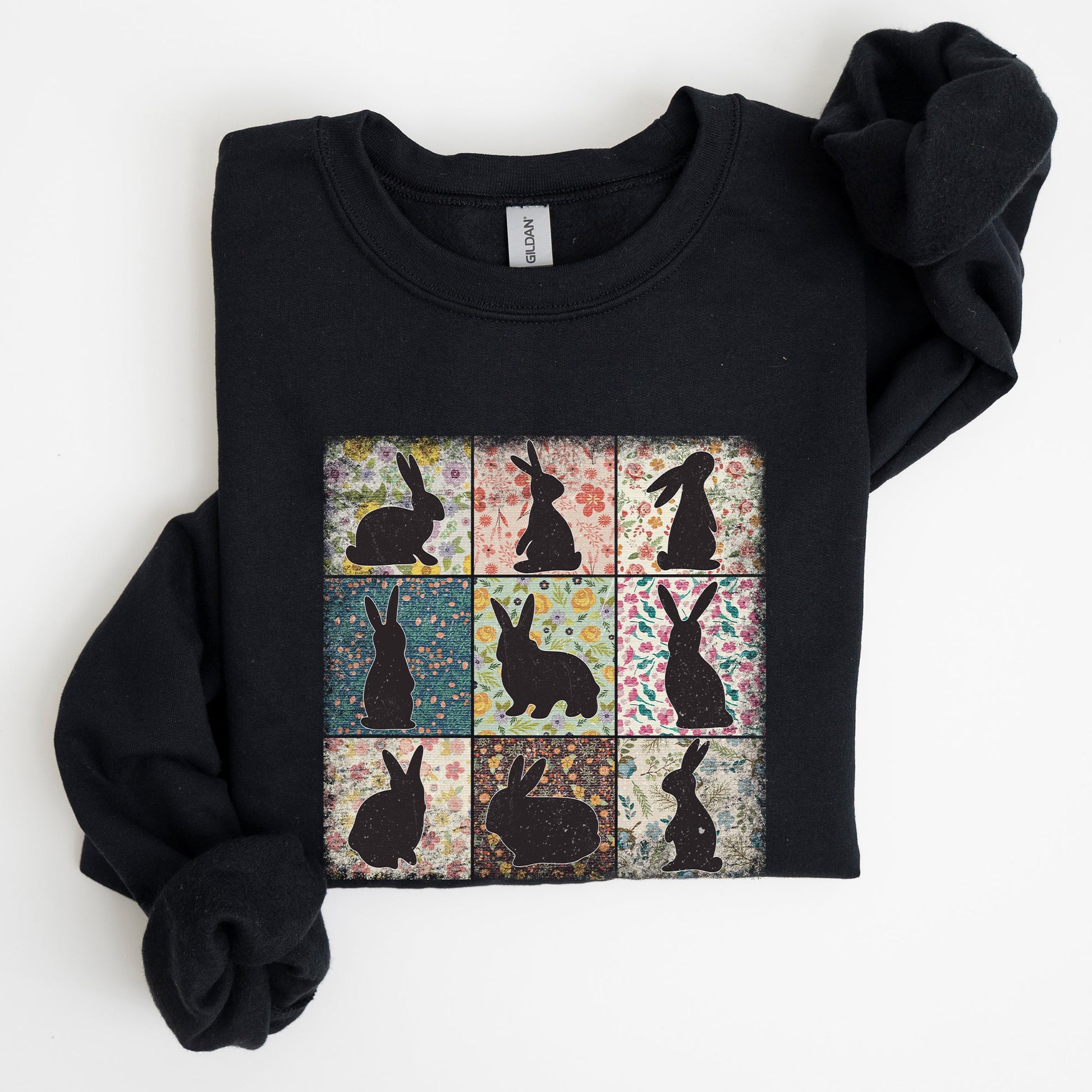 Easter Bunny Sweatshirt - Retro Floral Print Quilt Design | Spring Sweatshirt – Black Sweatshirt
