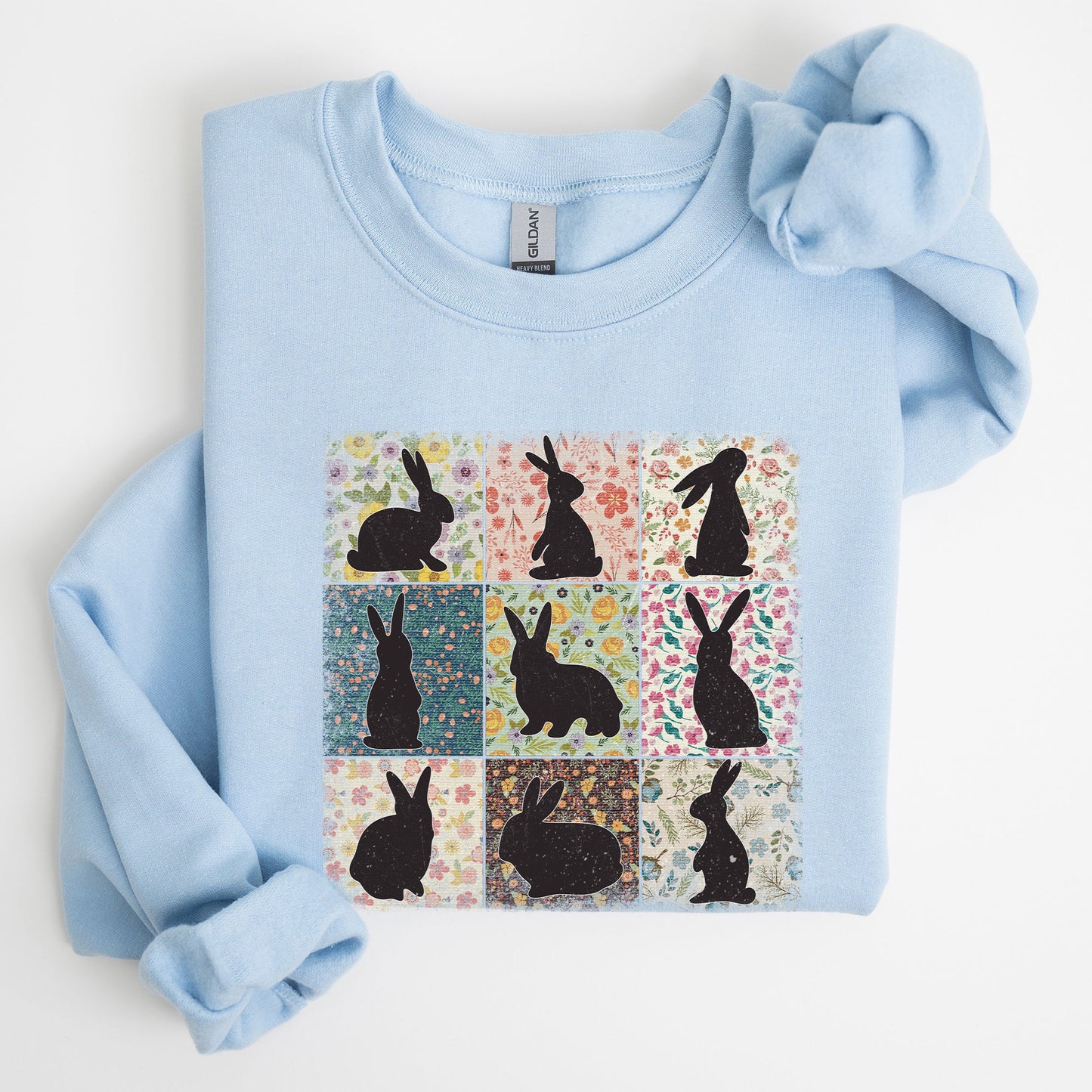 Easter Bunny Sweatshirt - Retro Floral Print Quilt Design | Spring Sweatshirt – Light Blue Sweatshirt