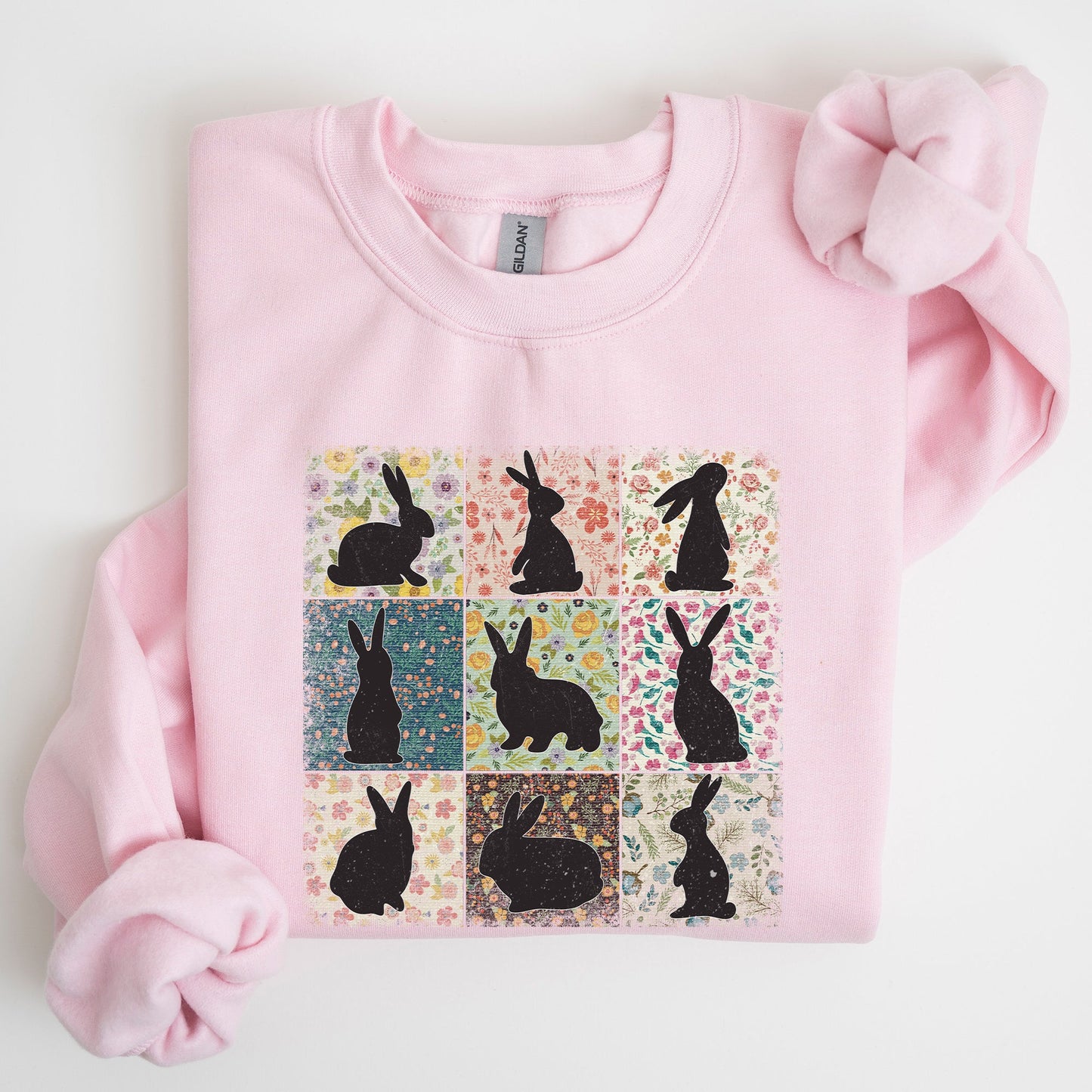 Easter Bunny Sweatshirt - Retro Floral Print Quilt Design | Spring Sweatshirt – Light Pink Sweatshirt