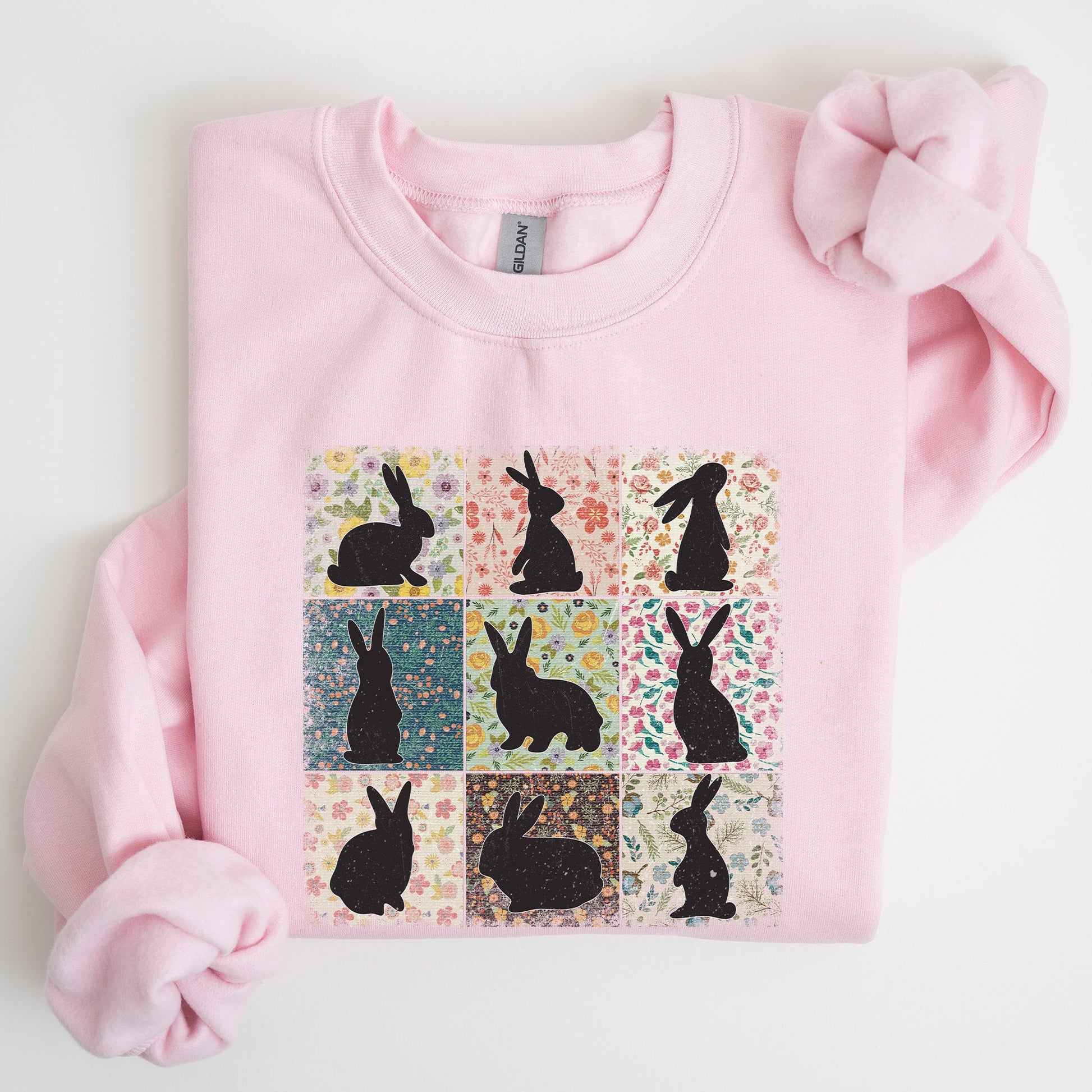Easter Bunny Sweatshirt - Retro Floral Print Quilt Design | Spring Sweatshirt – Light Pink Sweatshirt