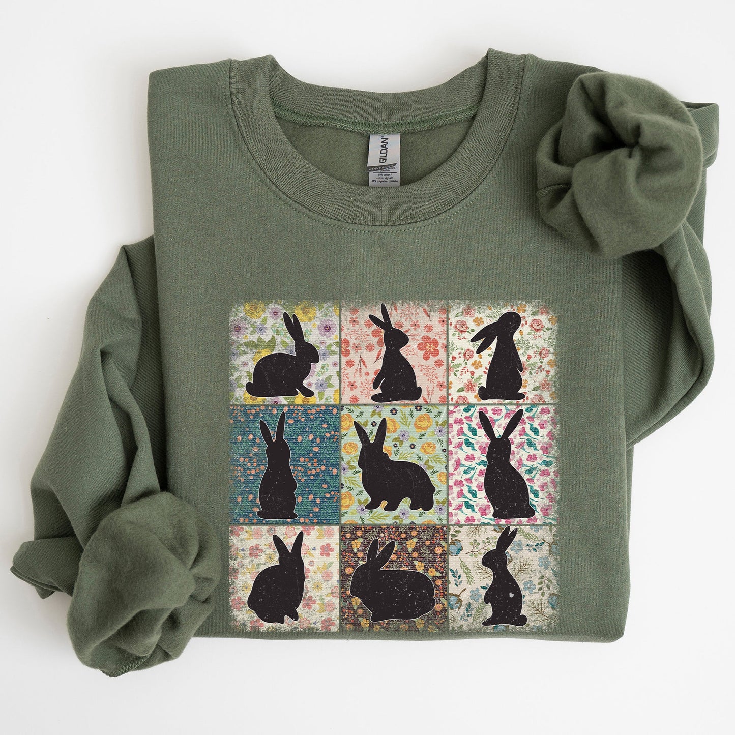 Easter Bunny Sweatshirt - Retro Floral Print Quilt Design | Spring Sweatshirt – Military Green Sweatshirt
