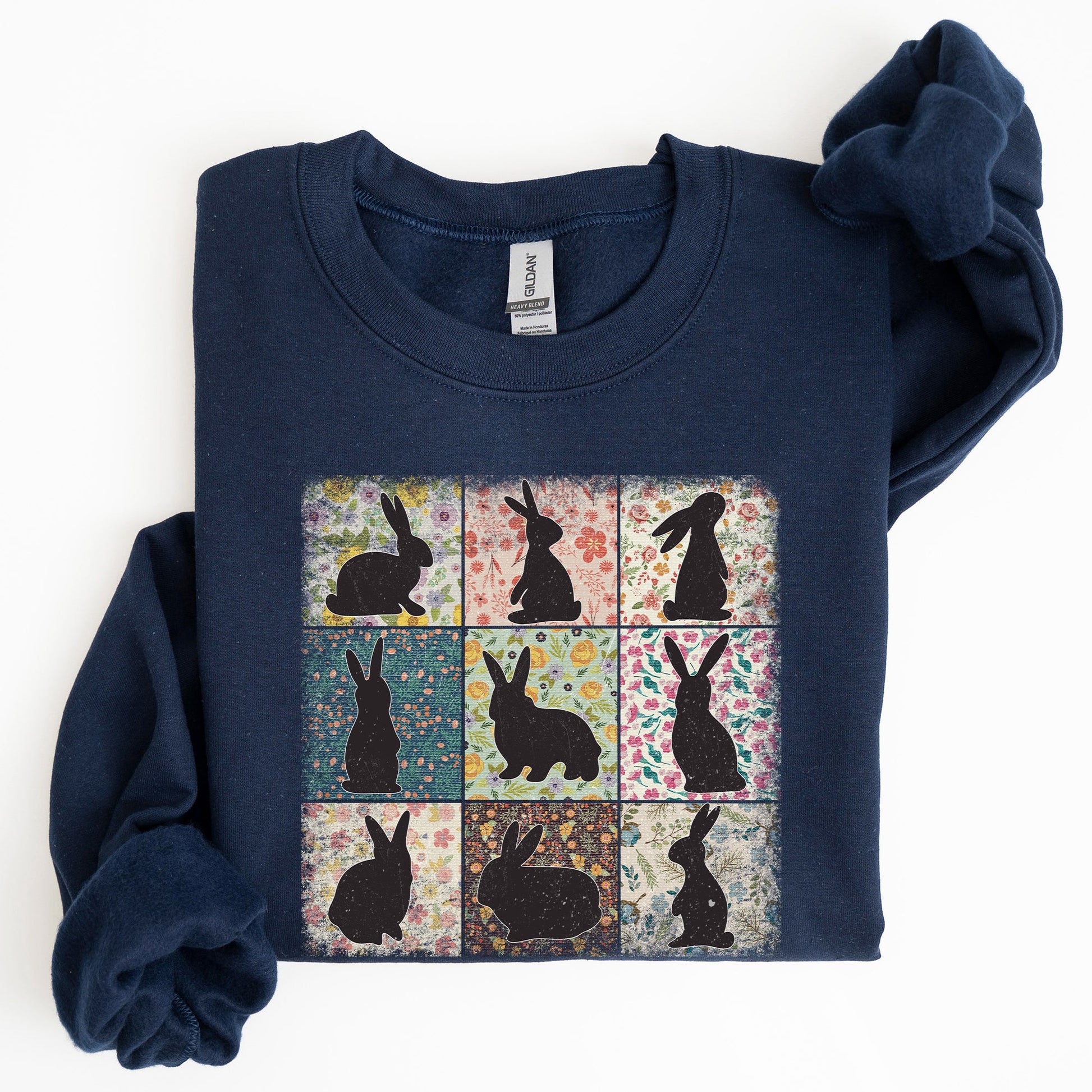 Easter Bunny Sweatshirt - Retro Floral Print Quilt Design | Spring Sweatshirt – Navy Sweatshirt