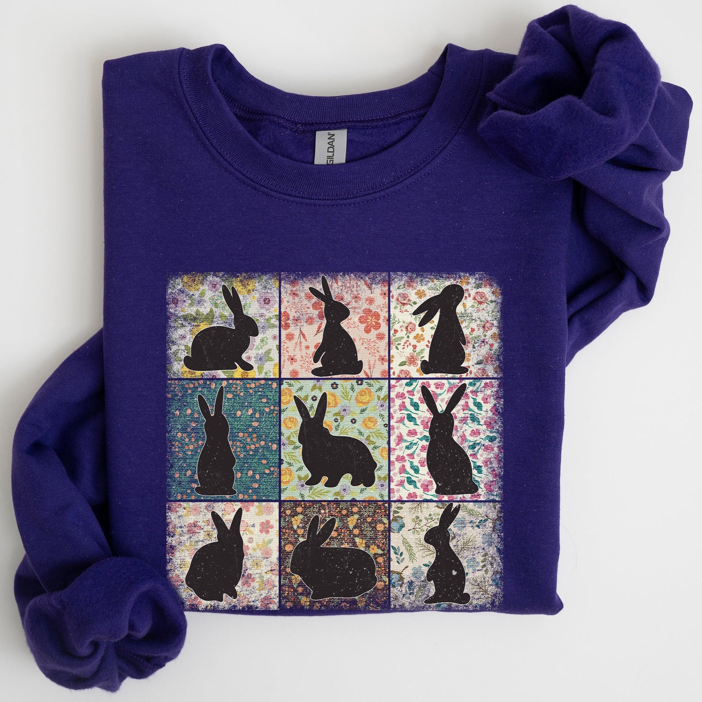 Easter Bunny Sweatshirt - Retro Floral Print Quilt Design | Spring Sweatshirt – Purple Sweatshirt