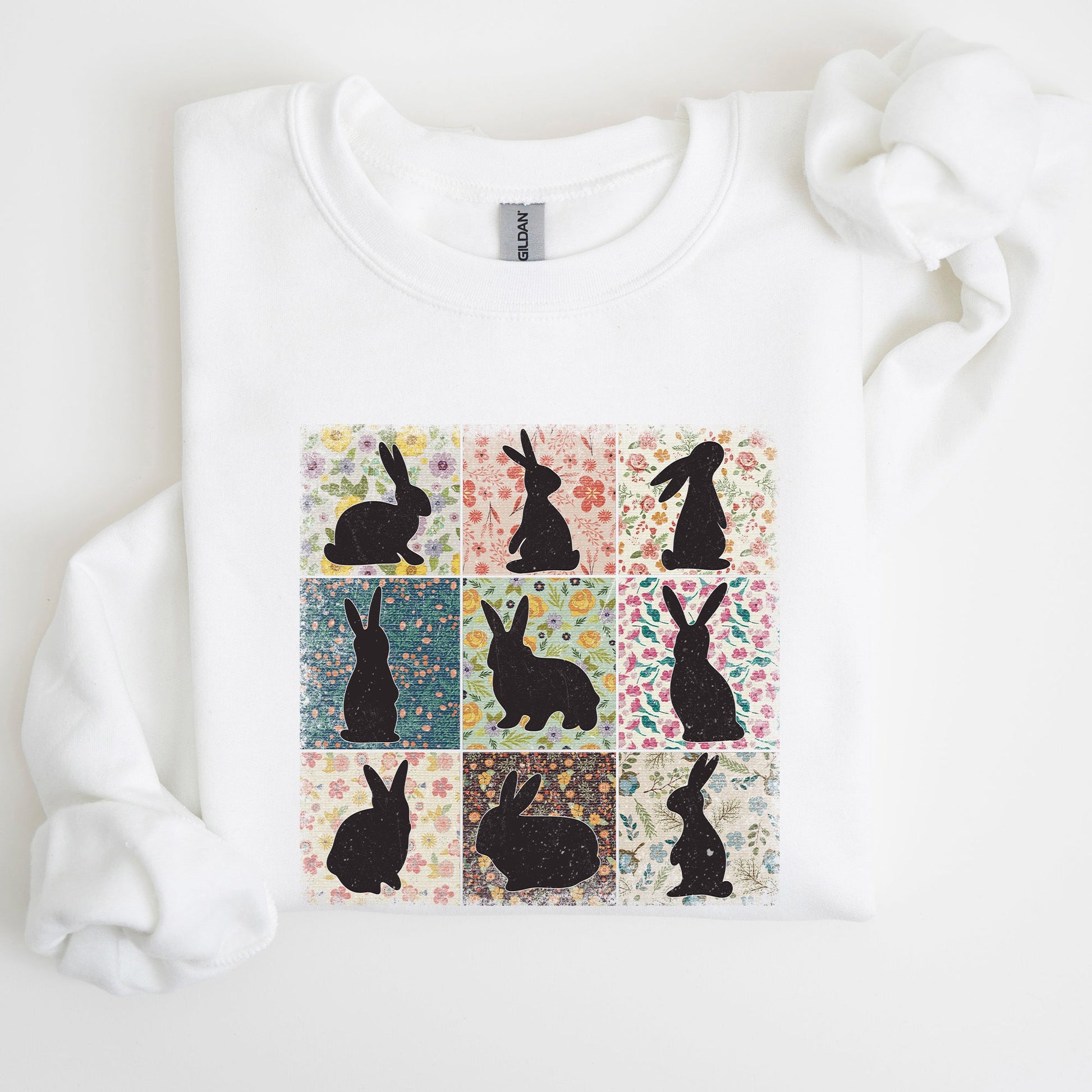 Easter Bunny Sweatshirt - Retro Floral Print Quilt Design | Spring Sweatshirt – White Sweatshirt