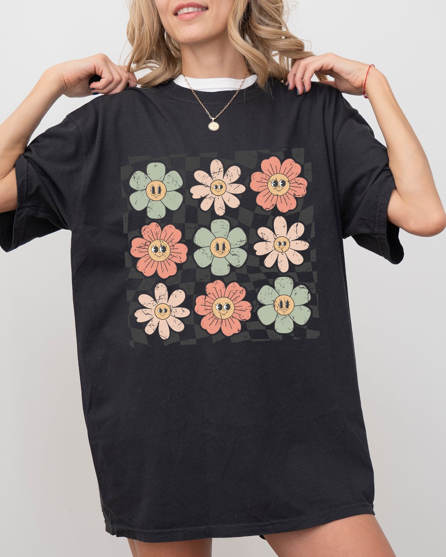 Retro Flowers - Comfort Colors T-Shirt – Solid Black T-Shirt