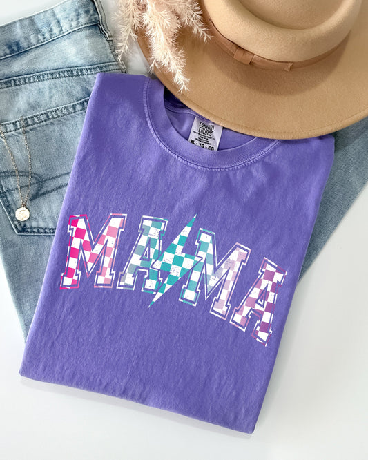 Retro Mama, Checkered, Lightening Bolt, Colorful, Mother, Mom Shirt Comfort Colors T-Shirt – Violet T-Shirt