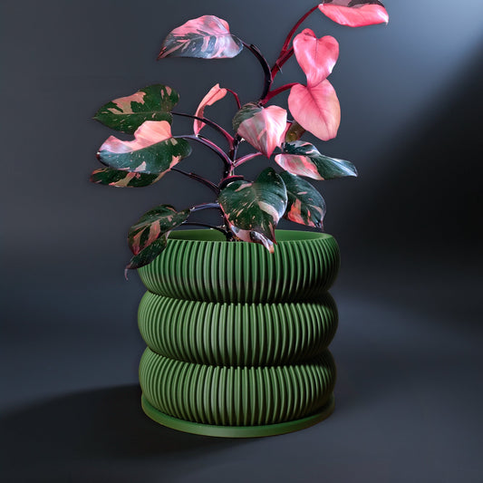 Ribbed Bubble Plant Pot With Drainage and Saucer – Green Planter