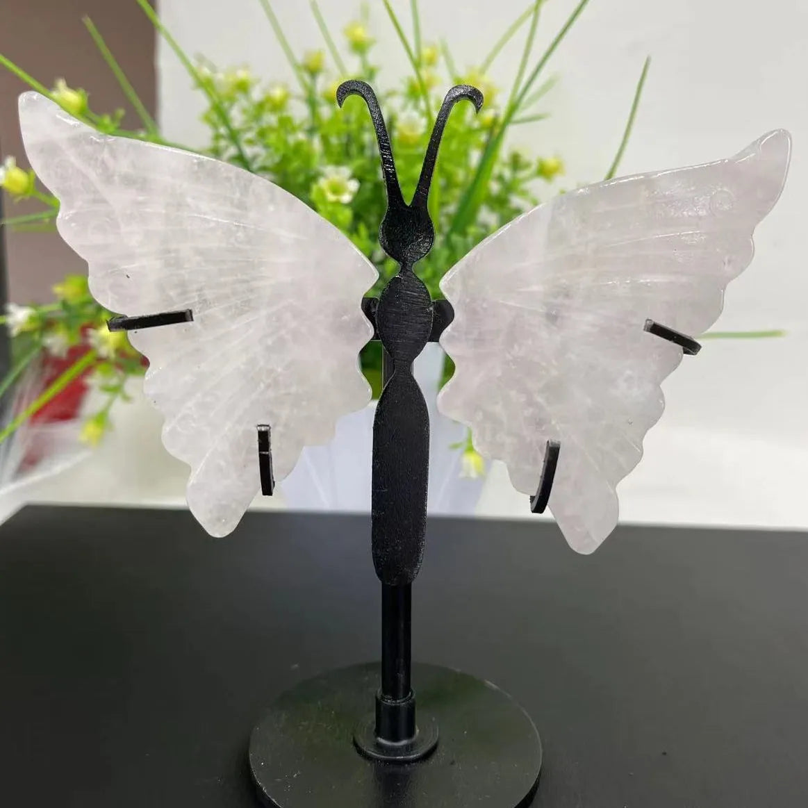Crystal Butterfly Wings on Black Stand – Rose Quartz Crystals