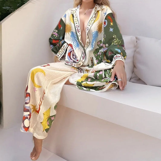 2025 Women's Graffiti Casual Shirt Women's Personalized Collar Long Sleeve Fashion Printed Set Women's Two Piece Set