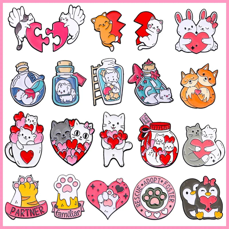 Cartoon Pink Heart Cat Enamel Pins Penguin Rabbit Fox Brooch Cute Lapel Jewelry Gifts