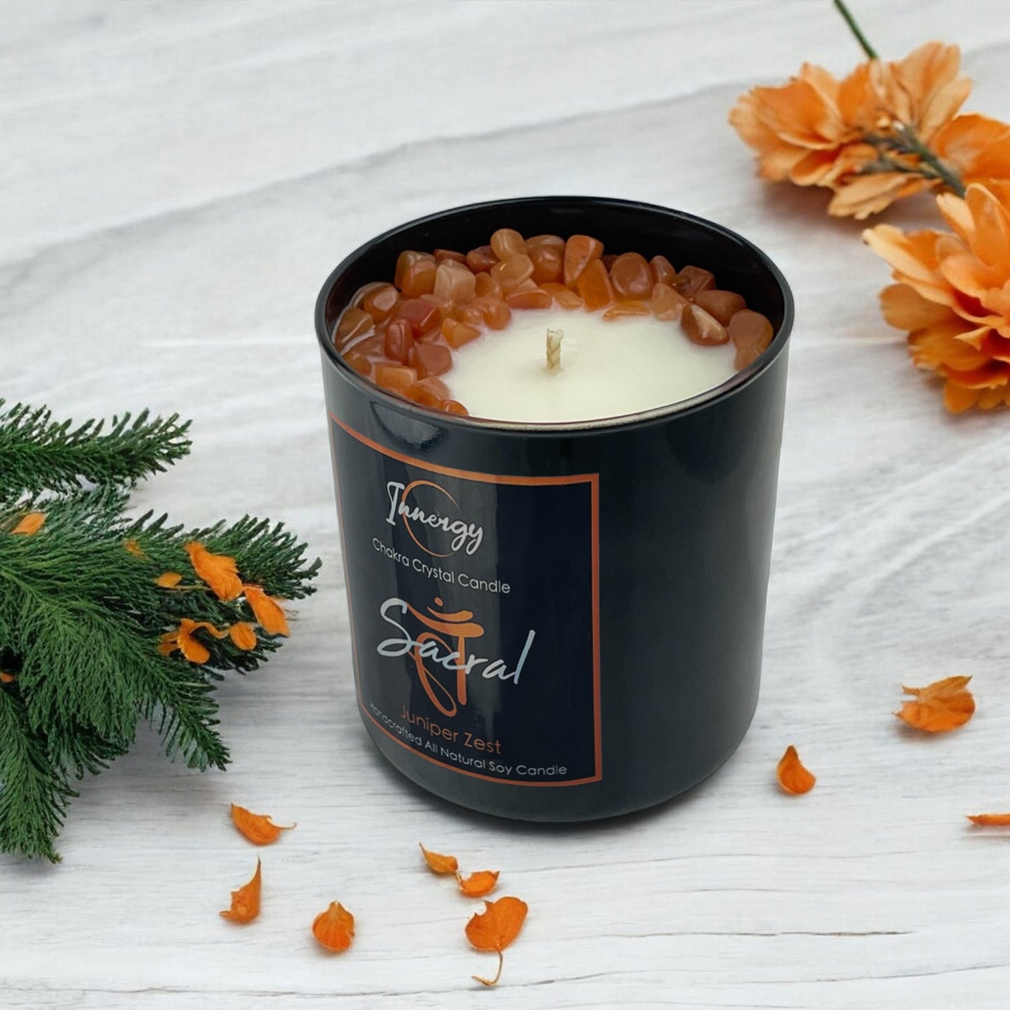 Sacral Chakra Crystal Candle with Peach Aventurine | Coconut-Soy Wax Candle, 9oz