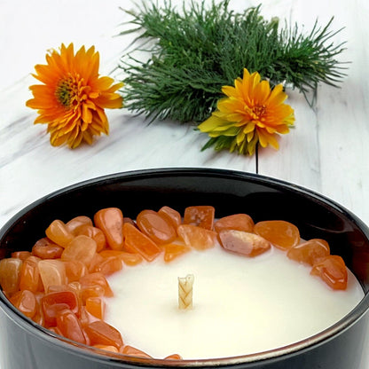 Juniper Zest Crystal Candle with Peach Aventurine | Coconut-Soy Wax Candle, 9oz