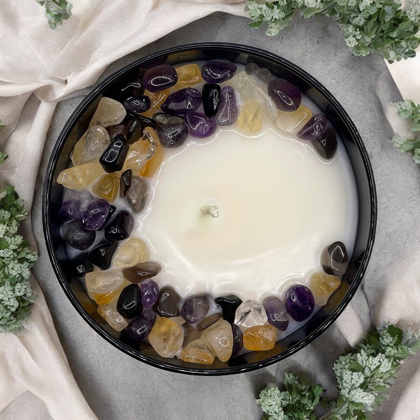 Sea Salt Eucalyptus Crystal Candle with Obsidian, Citrine, & Amethyst | Coconut-Soy Wax Candle, 9oz