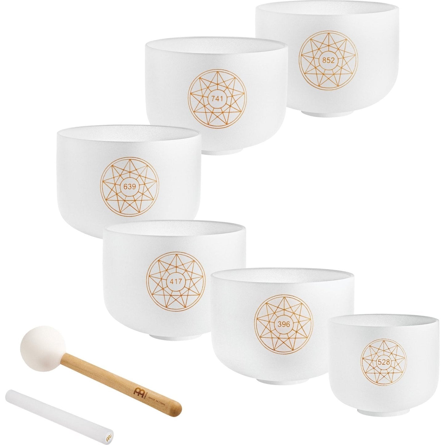 Solfeggio Crystal Singing Bowl Set – 6 White Frosted Quartz Bowls (396–852 Hz) – Solfeggio Crystal Singing Bowl Set