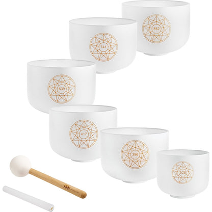 Solfeggio Crystal Singing Bowl Set – 6 White Frosted Quartz Bowls (396–852 Hz) – Solfeggio Crystal Singing Bowl Set