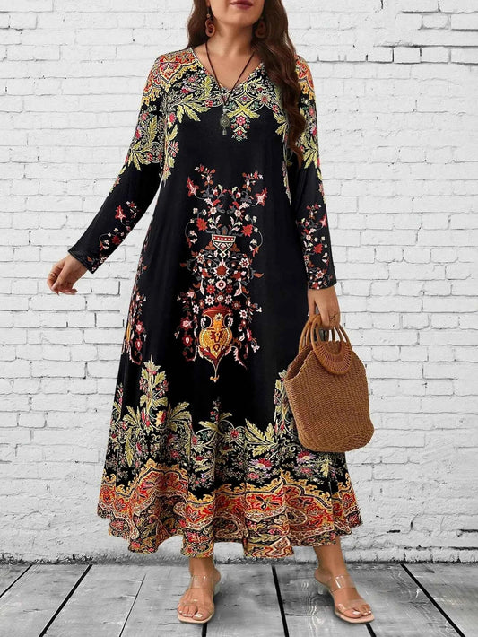 Plus Size Women's Boho Floral Maxi Dress, Long - Sleeve V - Neck, Ethnic Print