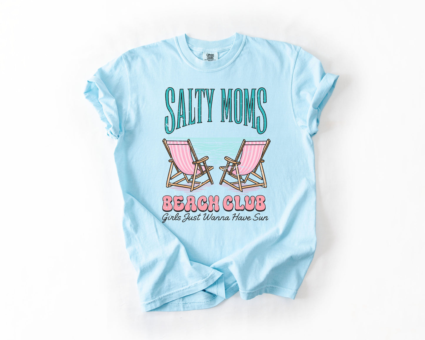 Salty Moms Beach Club, Summer, Beach, Sea Life, Outdoor, Travel, Western, Country, Comfort Colors T-Shirt – Chambray Light Blue T-Shirt
