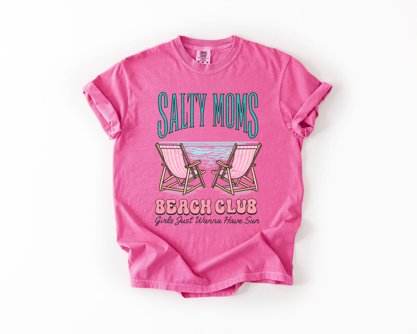 Salty Moms Beach Club, Summer, Beach, Sea Life, Outdoor, Travel, Western, Country, Comfort Colors T-Shirt – Crunchberry Bright Pink T-Shirt