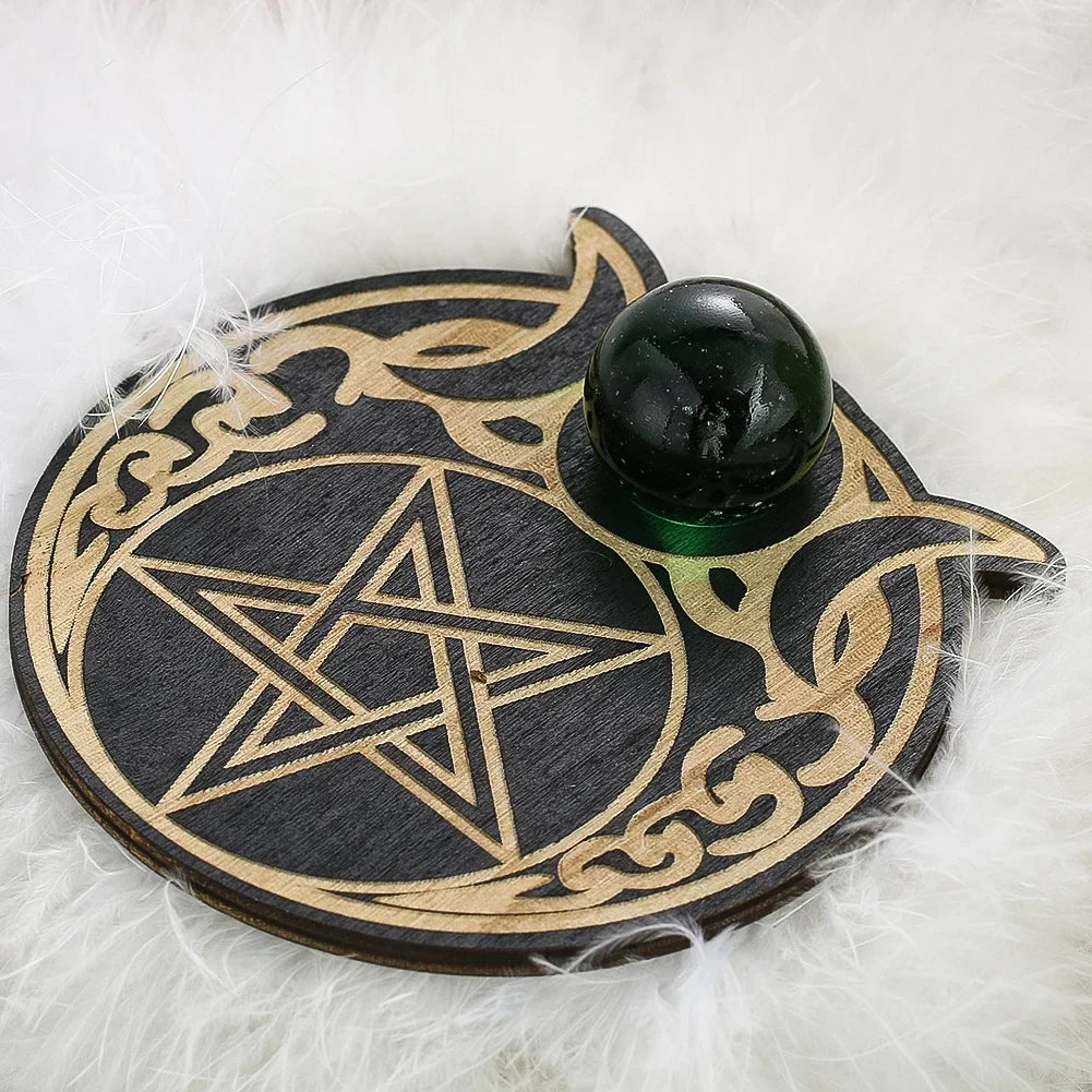 Triple Moon Pentacle Wood Crystal Ball Stand
