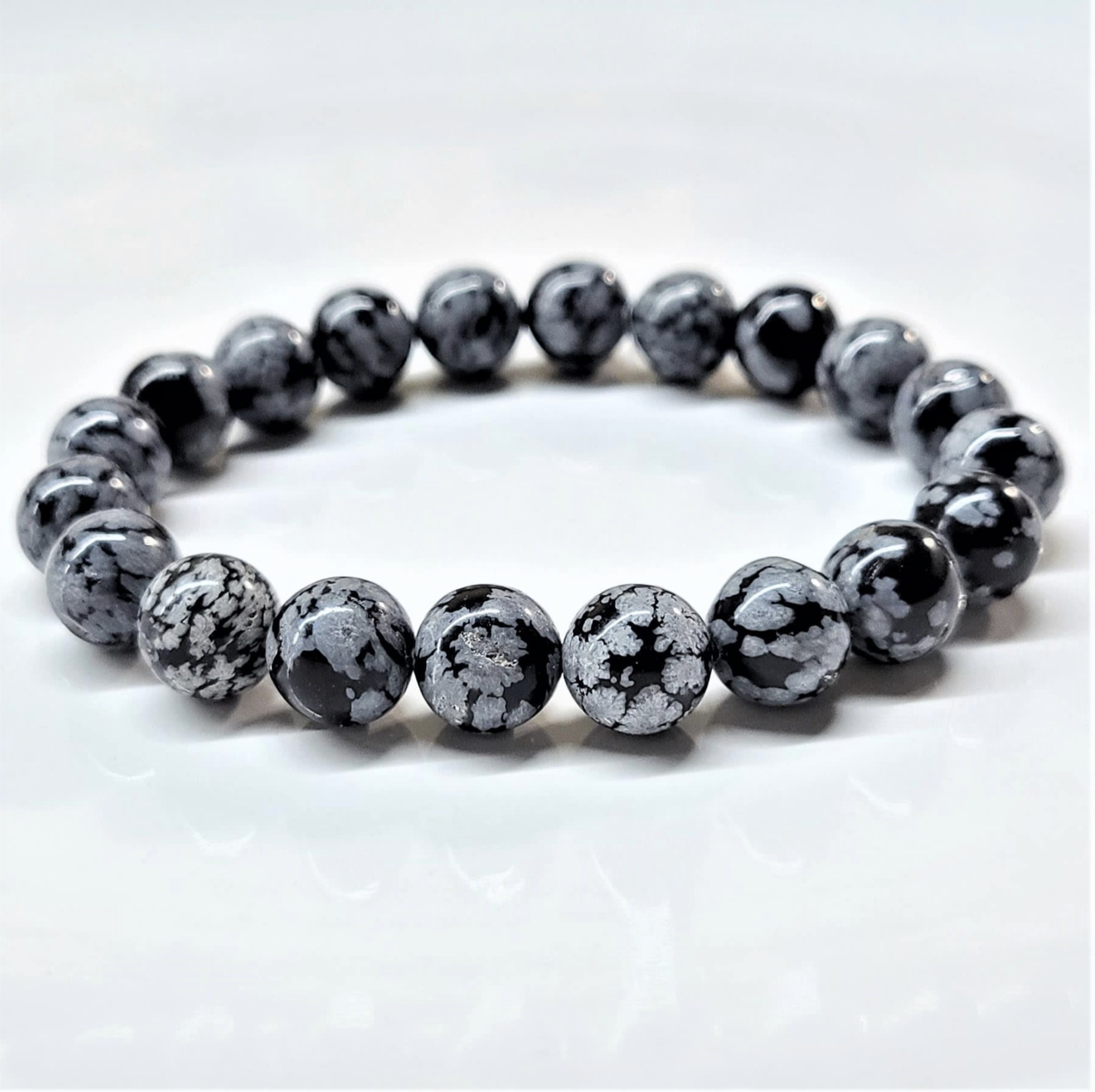 Snowflake Obsidian Round Bead Bracelet - Angelic Protection