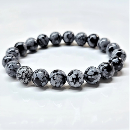 Snowflake Obsidian Round Bead Bracelet - Angelic Protection