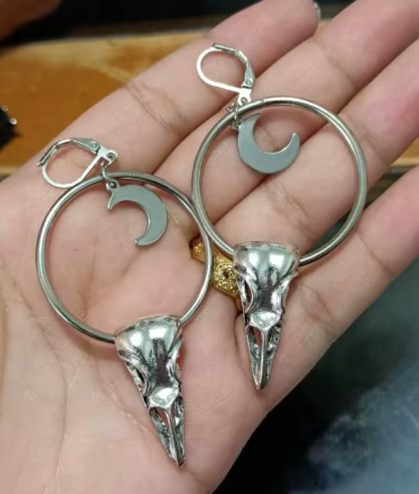Crow Skull Crescent Moon Earrings