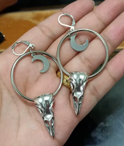 Crow Skull Crescent Moon Earrings