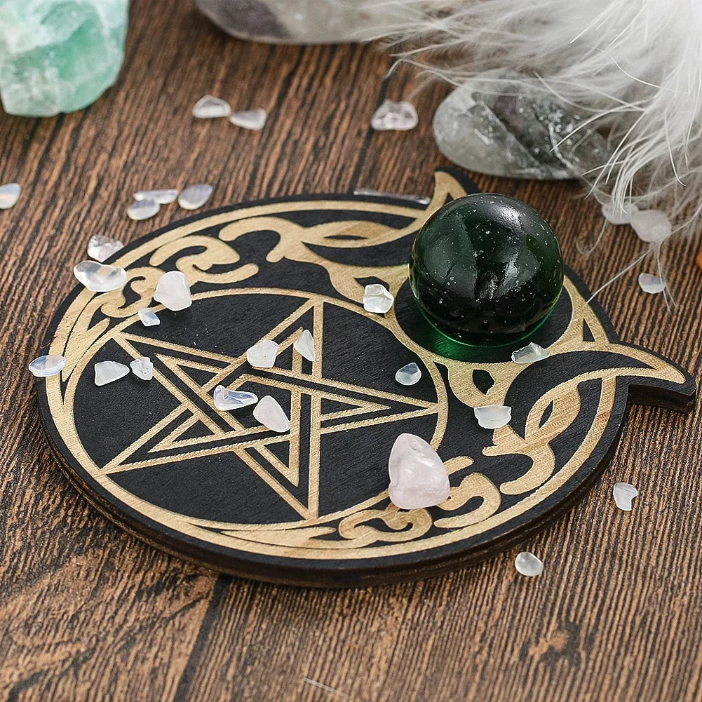 Triple Moon Pentacle Wood Crystal Ball Stand