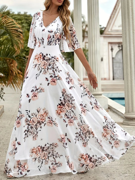 Wefads Women Long Dress Summer Casual Sexy V-Neck Lotus Leaf Sleeves Printed Beach Holiday Dresses