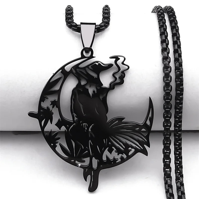 Smoking Witch Broom Moon Necklace – Black necklace