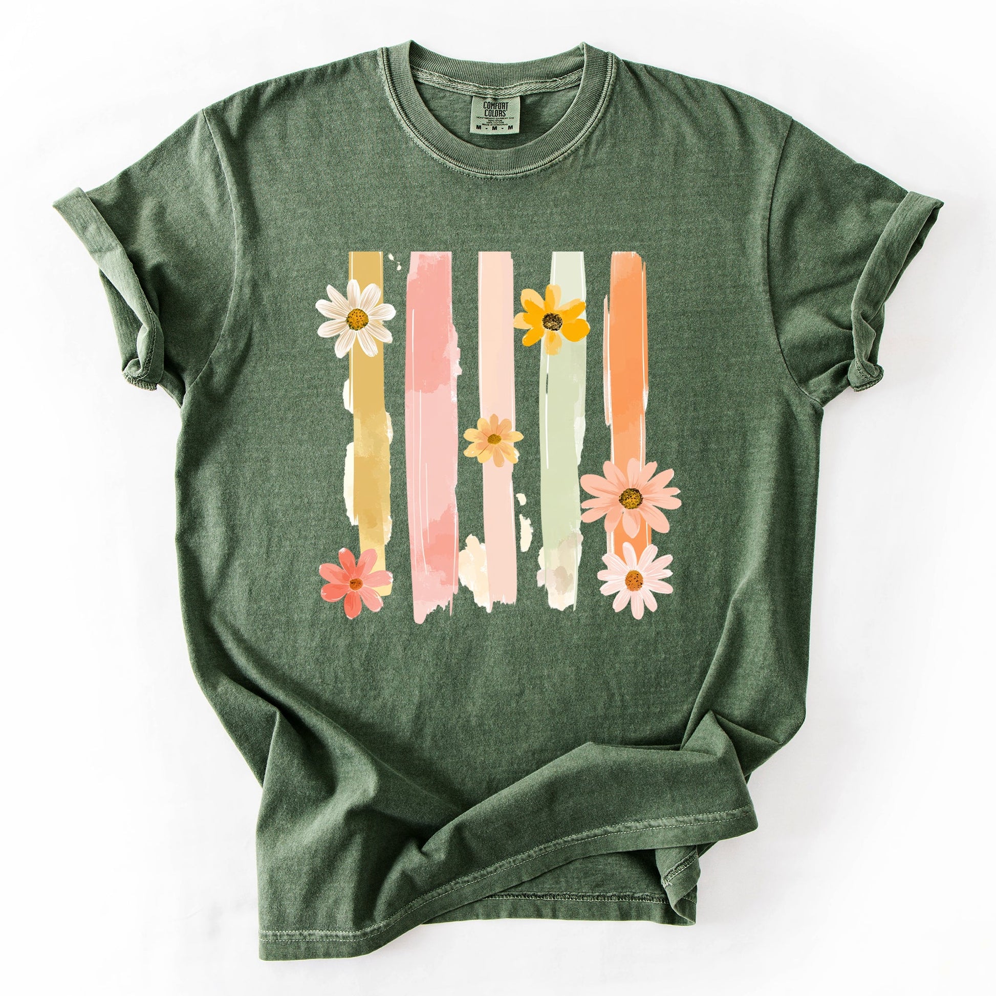 Spring Floral T-Shirt Women | Pastel Comfort Colors Tee | Cute Graphic Shirt – Moss Green T-Shirt