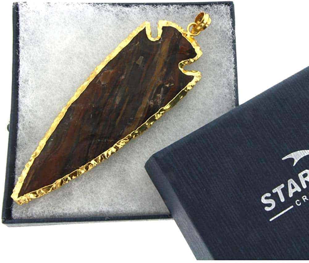 Starborn Large Brown Jasper Hand Carved Arrowhead Pendant with Flash Plate Border (Silver/Gold)