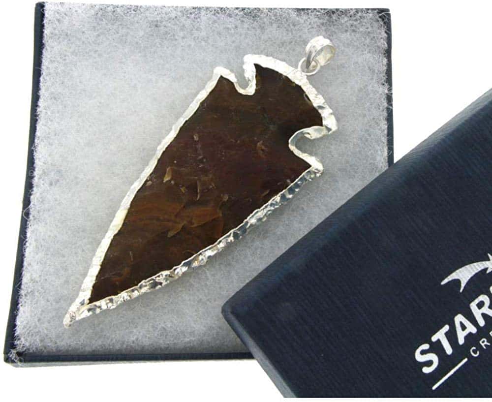 Starborn Large Brown Jasper Hand Carved Arrowhead Pendant with Flash Plate Border (Silver/Gold)