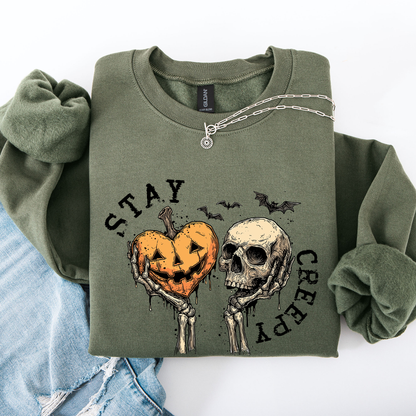 Stay Creepy Halloween Pumpkin Heart Skeleton Cute Bats Spooky Nightfall Gothic Adventure Sweatshirt