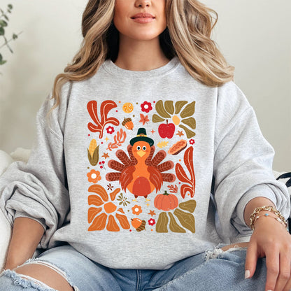 Thanksgiving Turkey, Flowers, Botanical, Boho, Autumn, Fall Sweatshirt