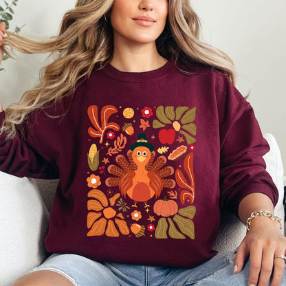 Thanksgiving Turkey, Flowers, Botanical, Boho, Autumn, Fall Sweatshirt