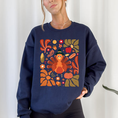 Thanksgiving Turkey, Flowers, Botanical, Boho, Autumn, Fall Sweatshirt