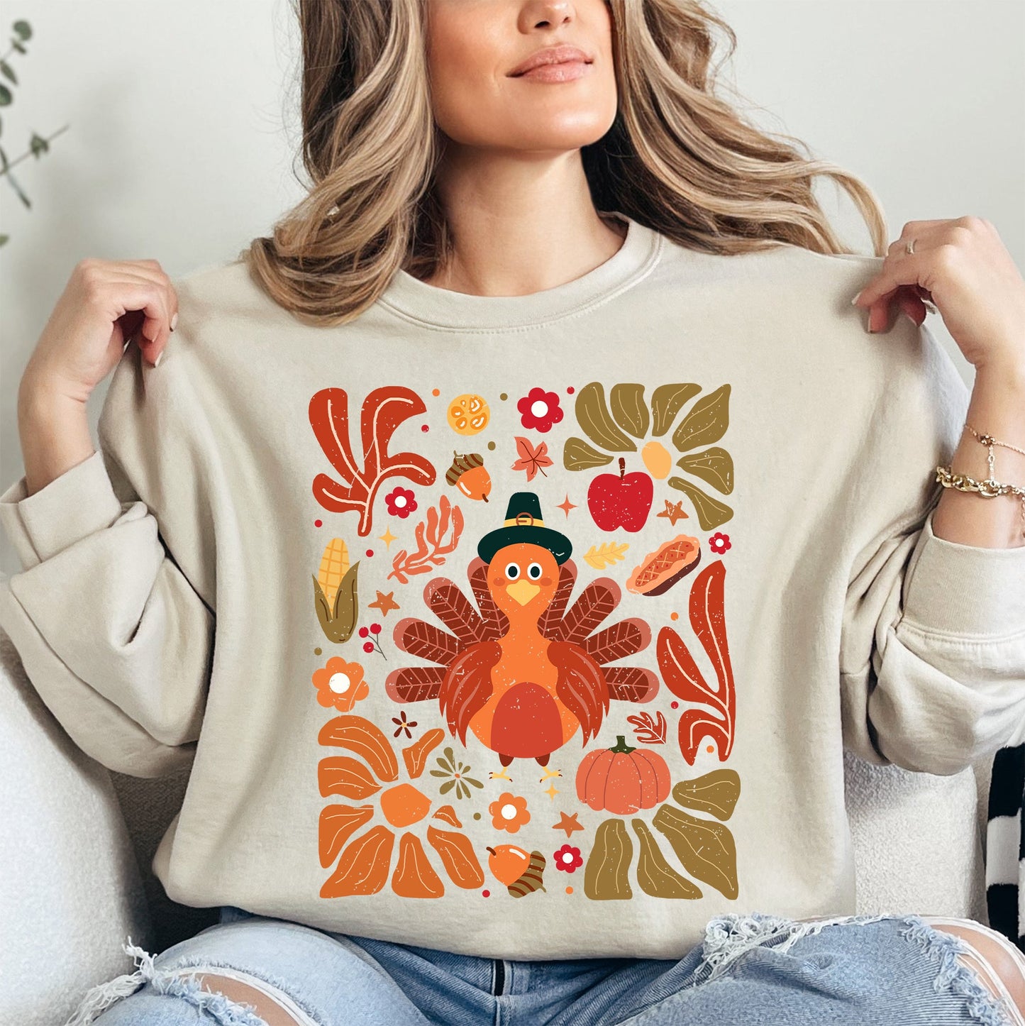 Thanksgiving Turkey, Flowers, Botanical, Boho, Autumn, Fall Sweatshirt