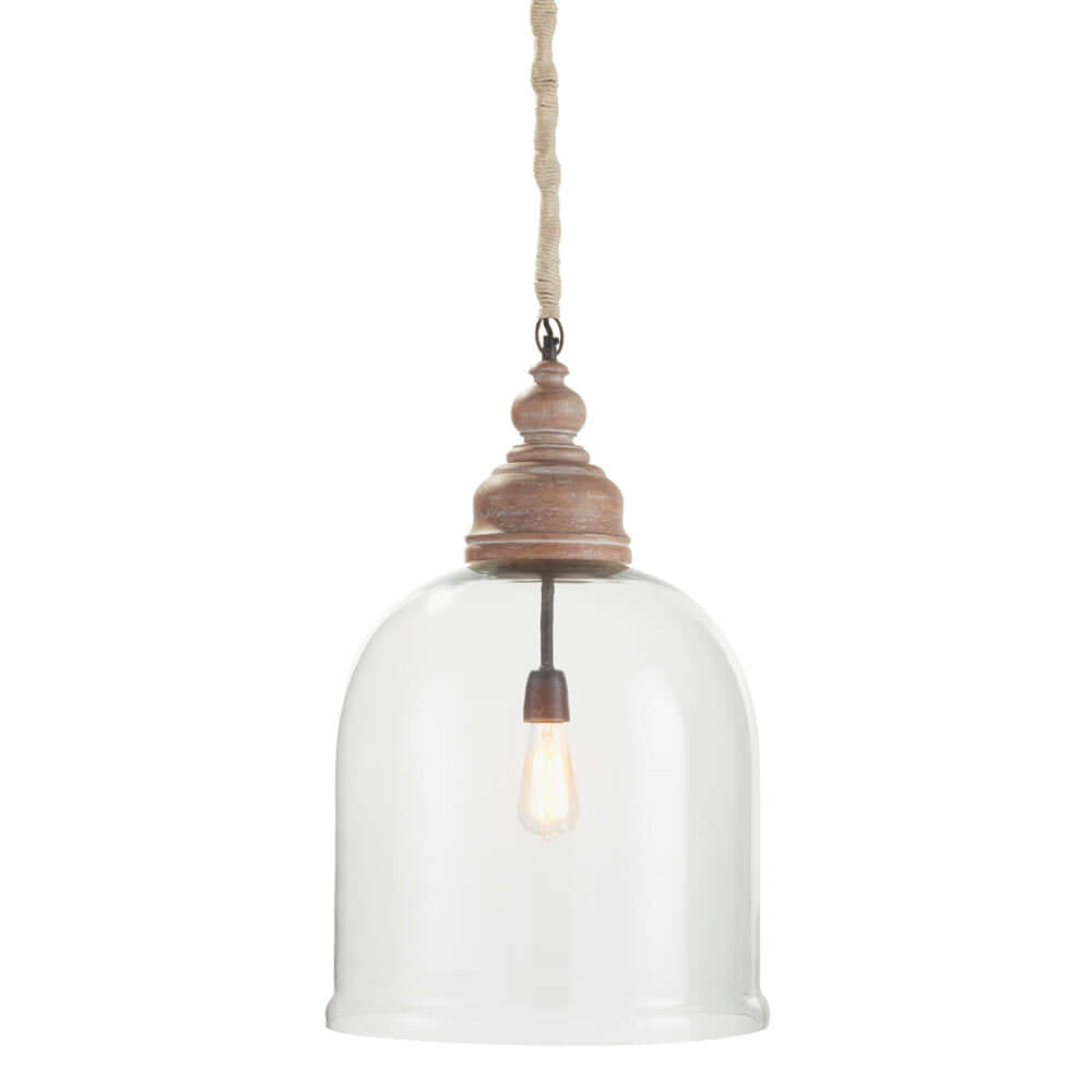 Farmhouse Glass Cloche Pendant Light with Rustic Wood Accent