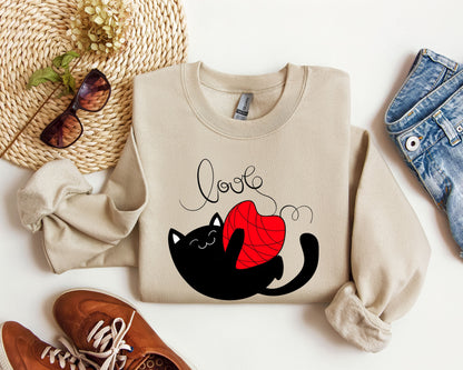 Retro Cat Love Funny Sweatshirt, Vintage Valentine's Day Sweatshirt