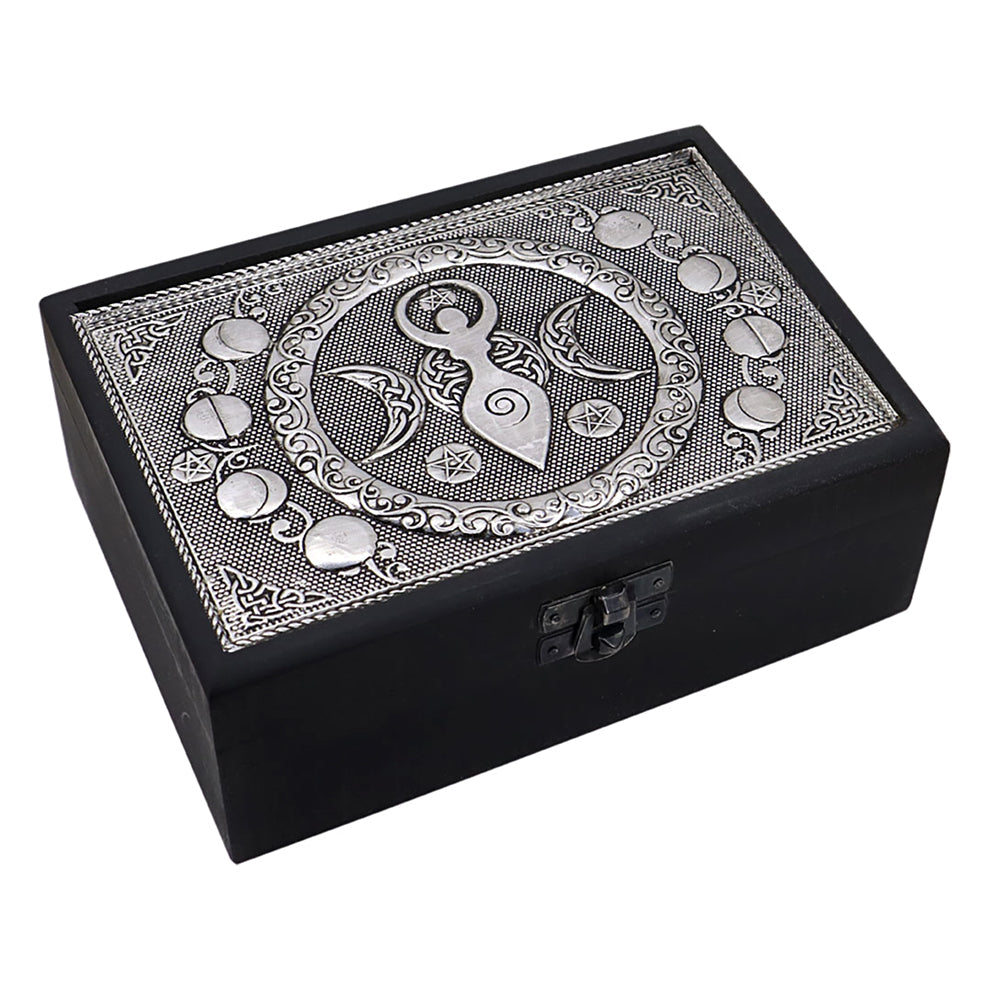 Velvet Lined Metal Top Wooden Box - Triple Moon Goddess
